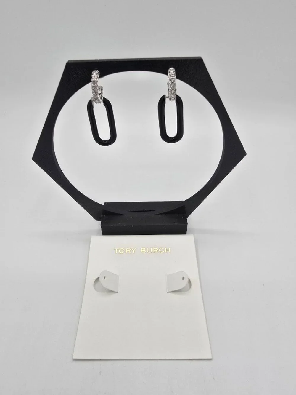 Tory Burch Roxanne Black Chain Shaped Link Stud Earrings w/Pave Crystal Hoops